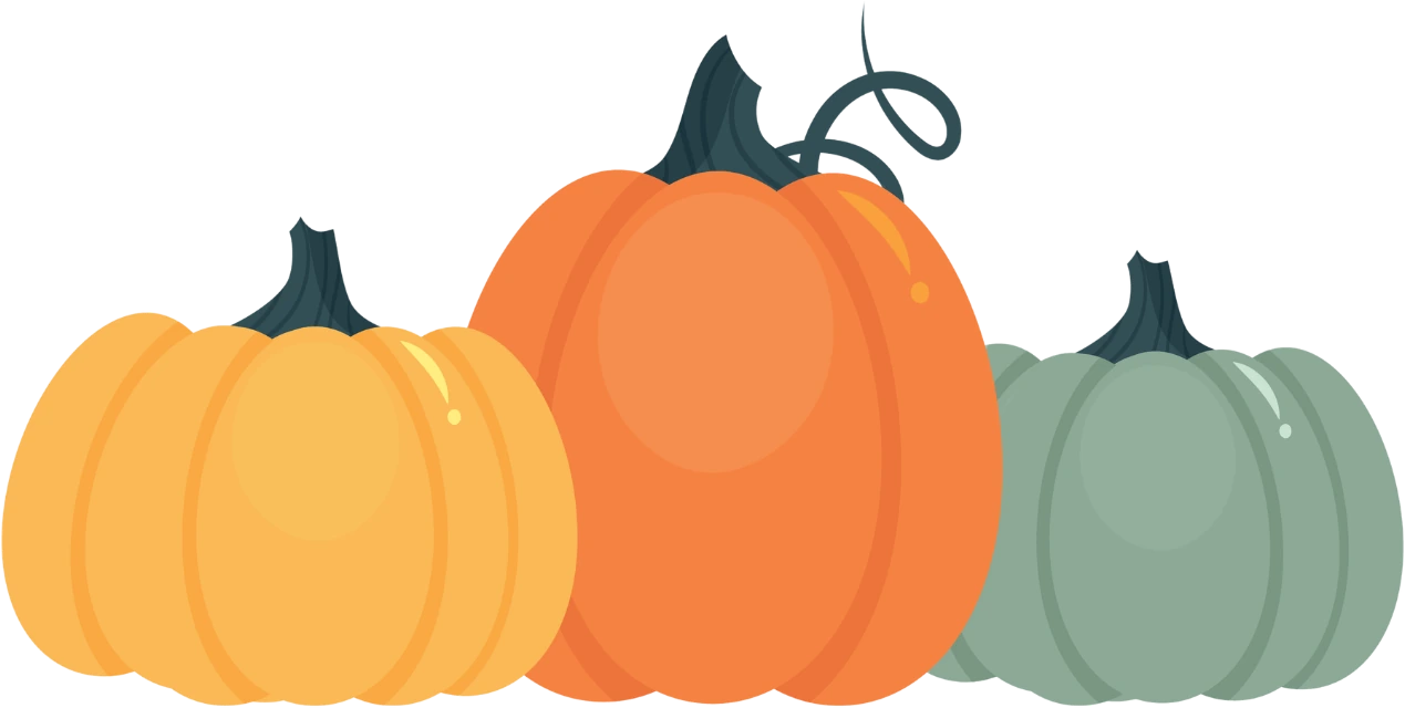 Three pumpkins in mustard, orange and sage green